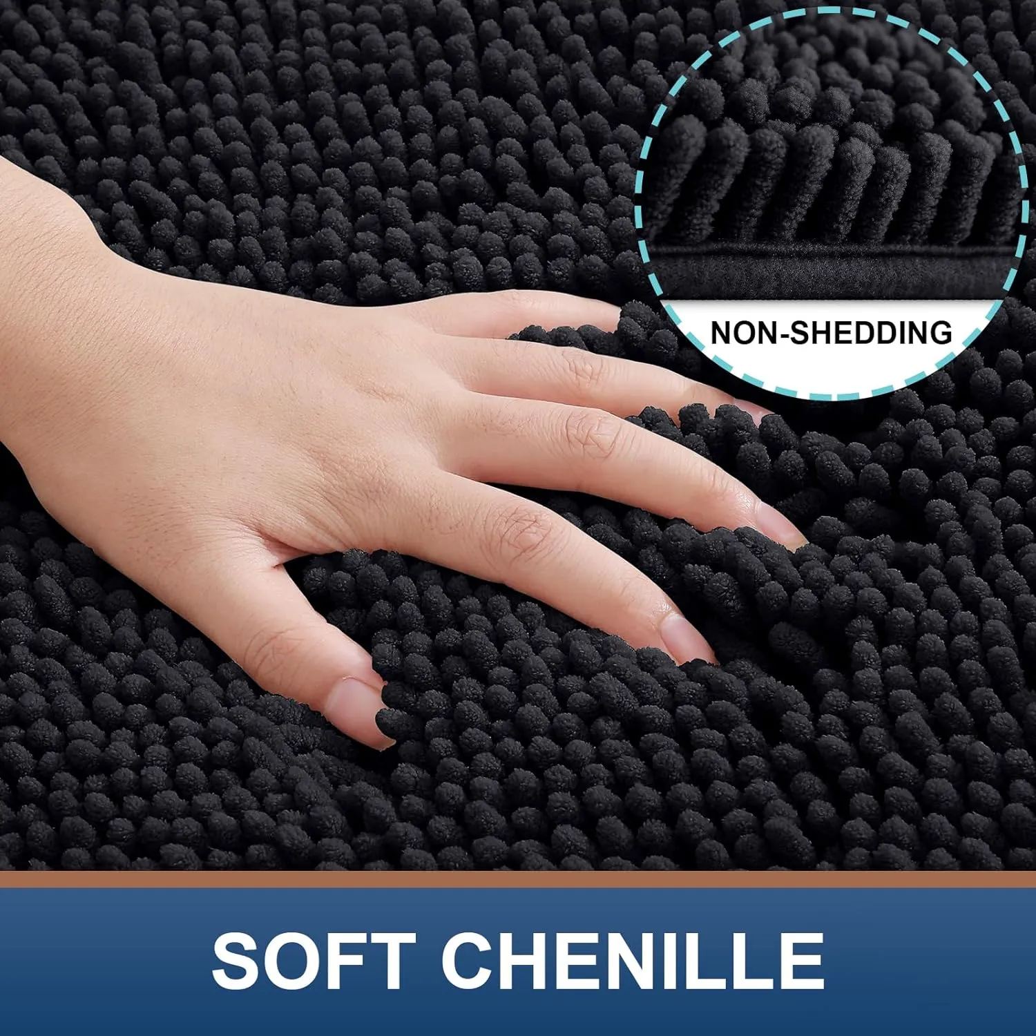 Smiry Bathroom Rugs Set 2 Piece, Soft Absorbent Chenille Bath Mat and U-Shaped Toilet Rug Set, Non Slip Shaggy Bath Carpet for Tub, Shower and Floor (30x20 24x20, Black)