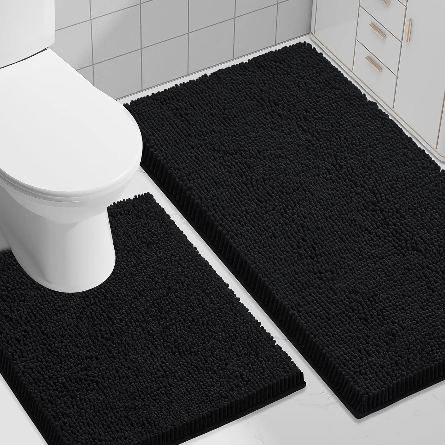 Smiry Bathroom Rugs Set 2 Piece, Soft Absorbent Chenille Bath Mat and U-Shaped Toilet Rug Set, Non Slip Shaggy Bath Carpet for Tub, Shower and Floor (30x20 24x20, Black)