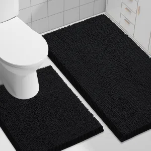 Smiry Bathroom Rugs Set 2 Piece, Soft Absorbent Chenille Bath Mat and U-Shaped Toilet Rug Set, Non Slip Shaggy Bath Carpet for Tub, Shower and Floor (30x20 24x20, Black)