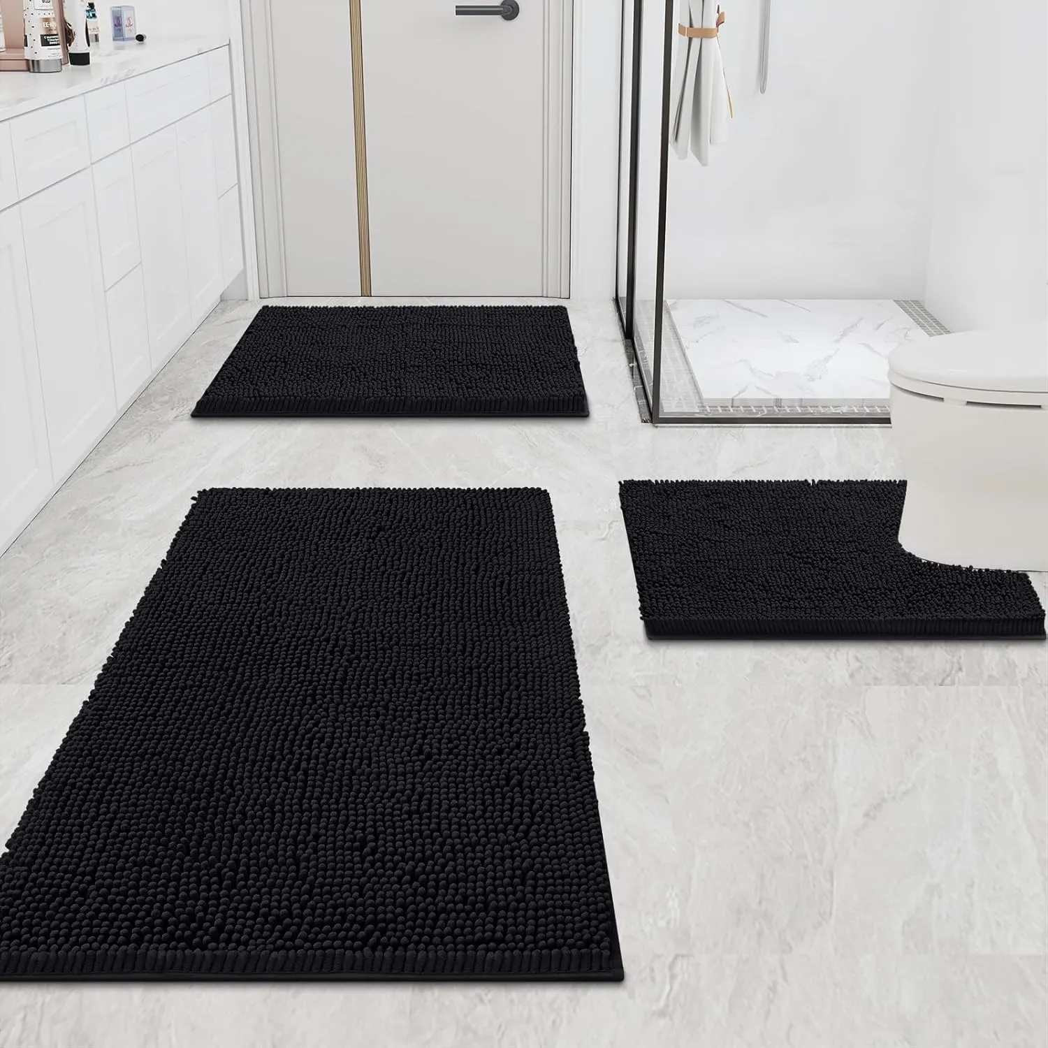 Smiry Bathroom Rugs Set 2 Piece, Soft Absorbent Chenille Bath Mat and U-Shaped Toilet Rug Set, Non Slip Shaggy Bath Carpet for Tub, Shower and Floor (30x20 24x20, Black)