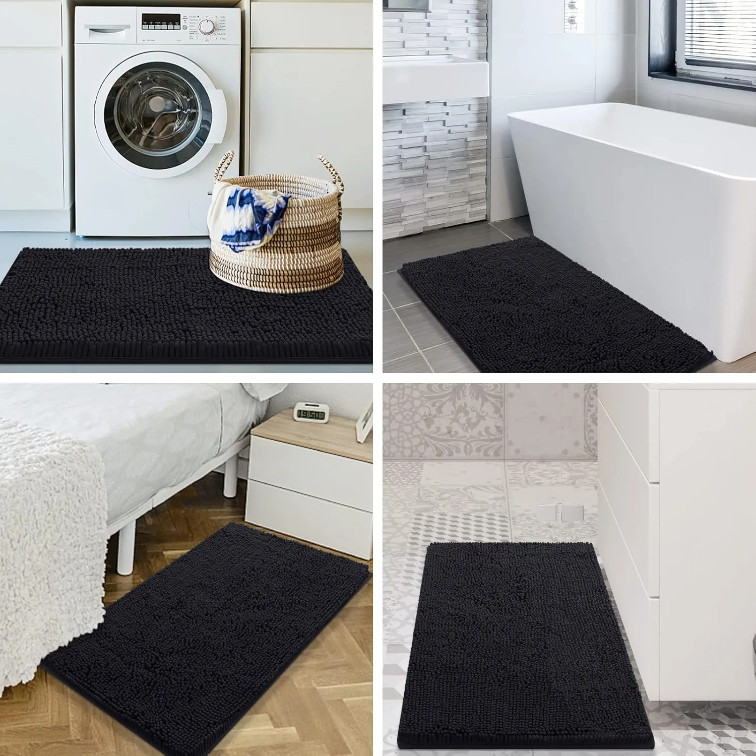 Smiry Bathroom Rugs Set 2 Piece, Soft Absorbent Chenille Bath Mat and U-Shaped Toilet Rug Set, Non Slip Shaggy Bath Carpet for Tub, Shower and Floor (30x20 24x20, Black)