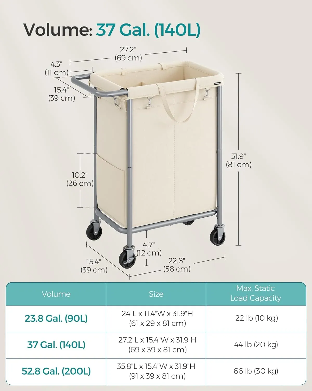 SONGMICS Laundry Basket with Wheels, 2-Section Rolling Laundry Hamper, 37 Gallons (140L), Removable Liner, Steel Frame with Handle, Blanket Storage, 27.2 x 15.4 x 31.9 Inches, Cream White URLS004W01