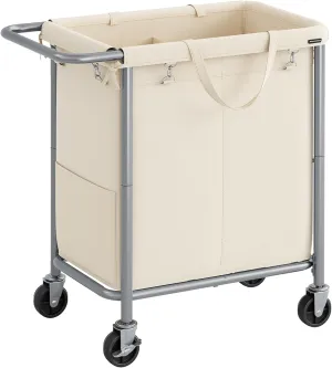 SONGMICS Laundry Basket with Wheels, 2-Section Rolling Laundry Hamper, 37 Gallons (140L), Removable Liner, Steel Frame with Handle, Blanket Storage, 27.2 x 15.4 x 31.9 Inches, Cream White URLS004W01