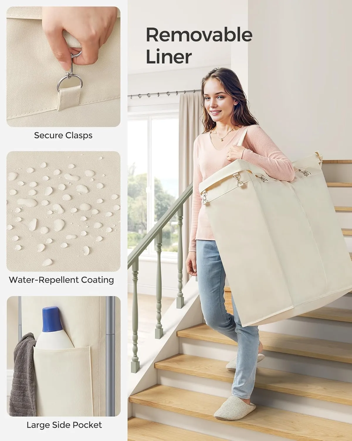 SONGMICS Laundry Basket with Wheels, 2-Section Rolling Laundry Hamper, 37 Gallons (140L), Removable Liner, Steel Frame with Handle, Blanket Storage, 27.2 x 15.4 x 31.9 Inches, Cream White URLS004W01