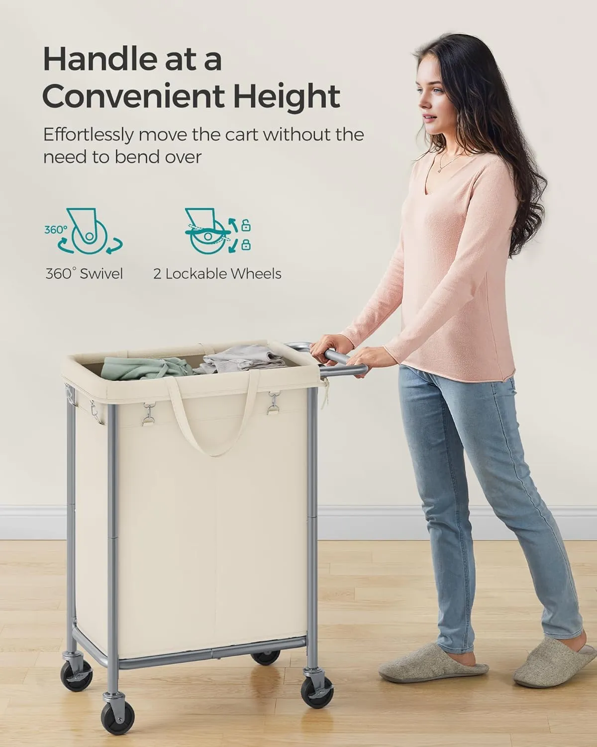 SONGMICS Laundry Basket with Wheels, 2-Section Rolling Laundry Hamper, 37 Gallons (140L), Removable Liner, Steel Frame with Handle, Blanket Storage, 27.2 x 15.4 x 31.9 Inches, Cream White URLS004W01
