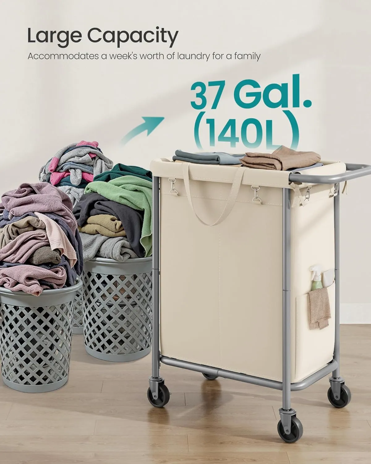 SONGMICS Laundry Basket with Wheels, 2-Section Rolling Laundry Hamper, 37 Gallons (140L), Removable Liner, Steel Frame with Handle, Blanket Storage, 27.2 x 15.4 x 31.9 Inches, Cream White URLS004W01