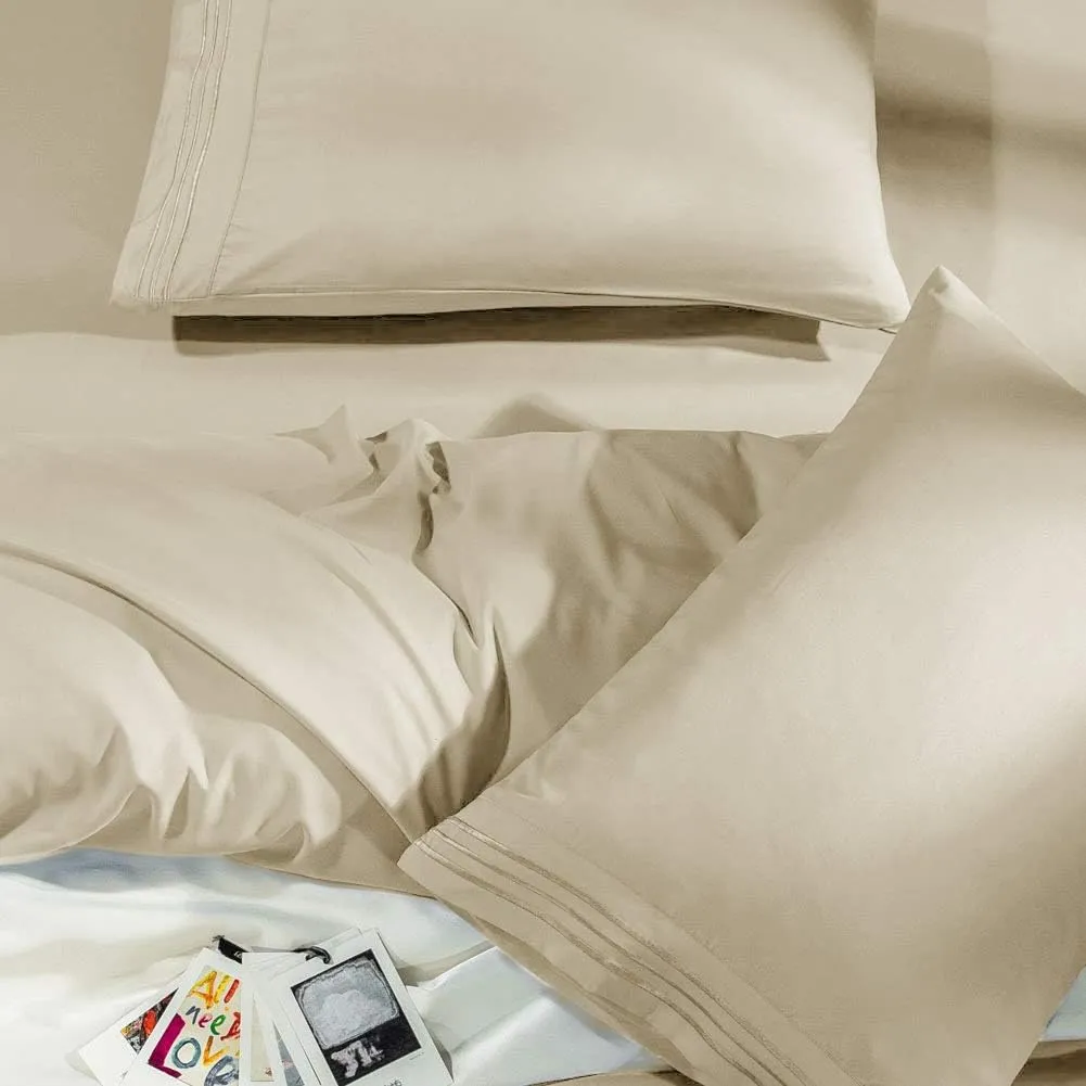 SONORO KATE Bed Sheet Set Super Soft Microfiber 1800 Thread Count Luxury Egyptian Sheets Fit 18-24 Inch Deep Pocket Mattress Wrinkle-6 Piece (Beige, Queen)