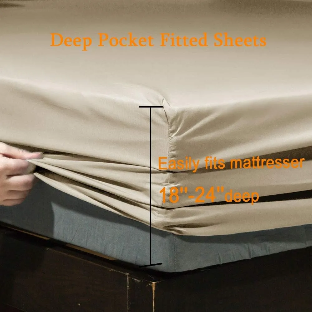 SONORO KATE Bed Sheet Set Super Soft Microfiber 1800 Thread Count Luxury Egyptian Sheets Fit 18-24 Inch Deep Pocket Mattress Wrinkle-6 Piece (Beige, Queen)