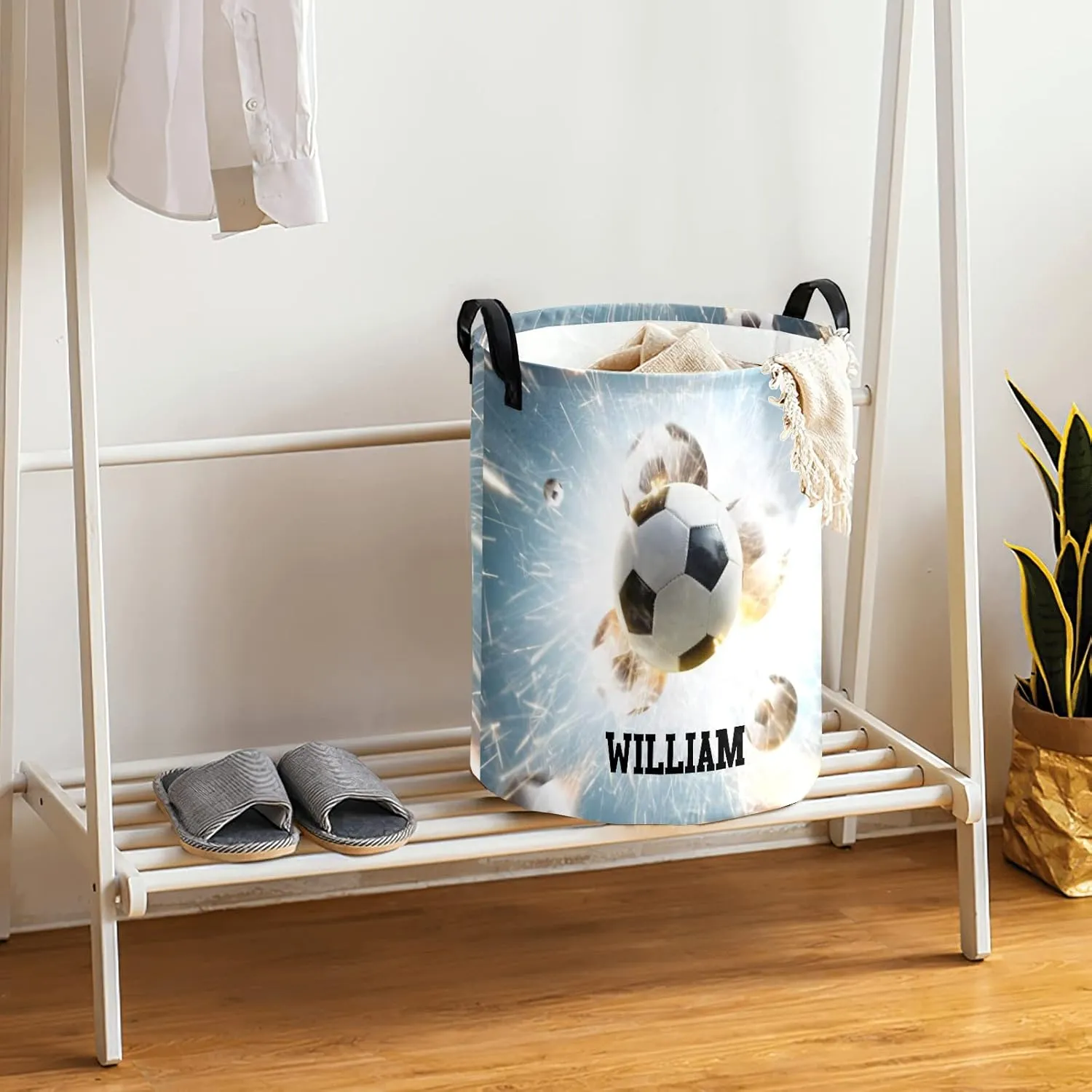 Sport Football Fire Personalized Waterproof Foldable Laundry Basket Bag with Handle, Custom Collapsible Clothes Hamper Storage Bin for Toys Laundry Dorm Travel Bathroom