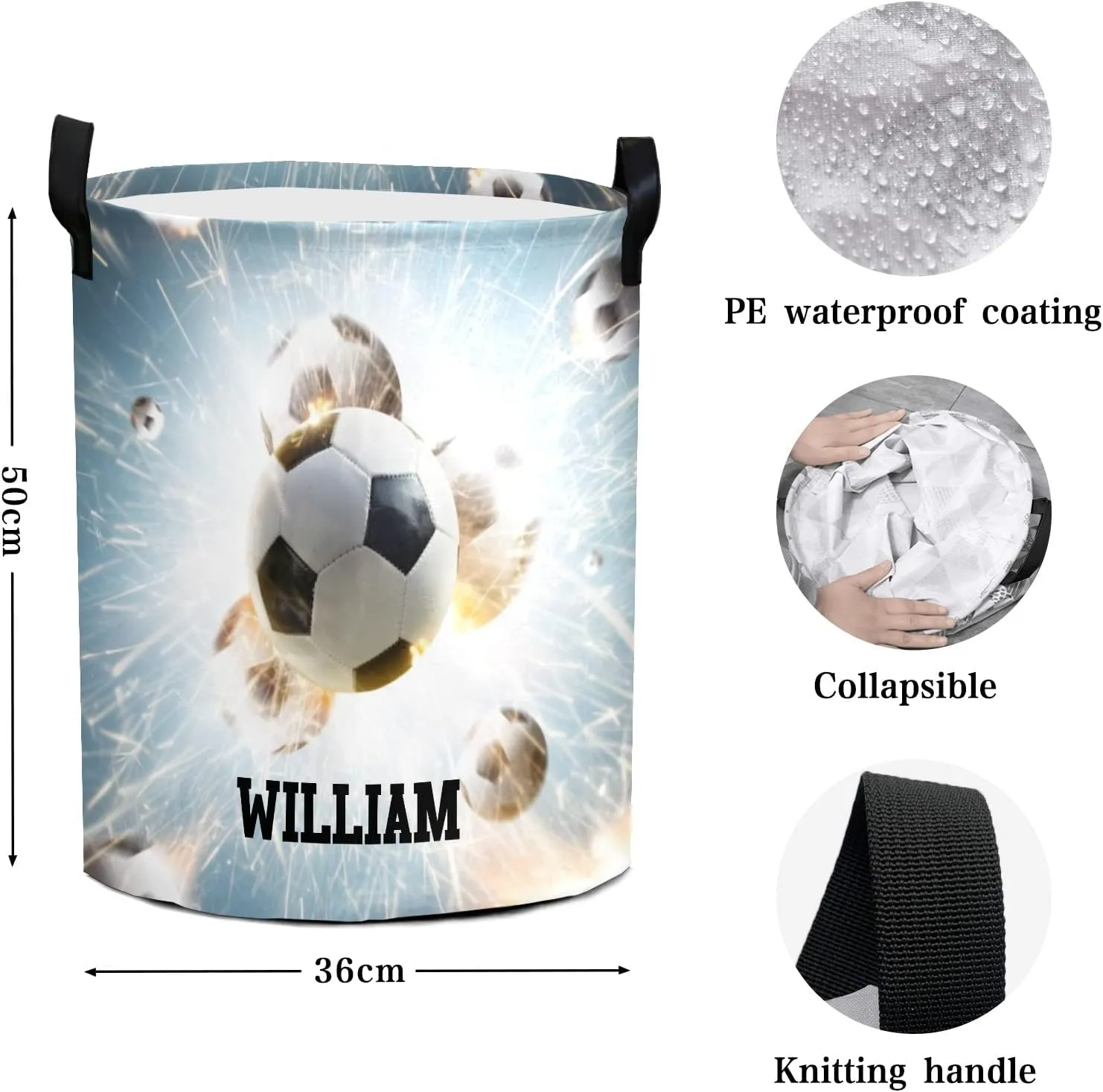 Sport Football Fire Personalized Waterproof Foldable Laundry Basket Bag with Handle, Custom Collapsible Clothes Hamper Storage Bin for Toys Laundry Dorm Travel Bathroom