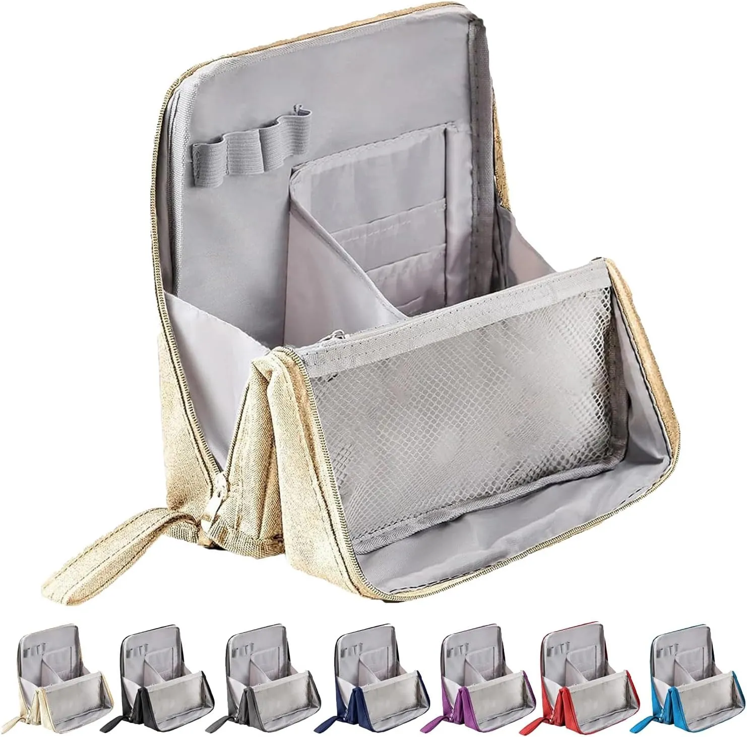 Standing Makeup Bag, 2025 Upgraded Portable Large Capacity Standing Makeup Bag with Compartments, Travel Make-up Organizer with Room for Brushes and Mirrors (Beige)