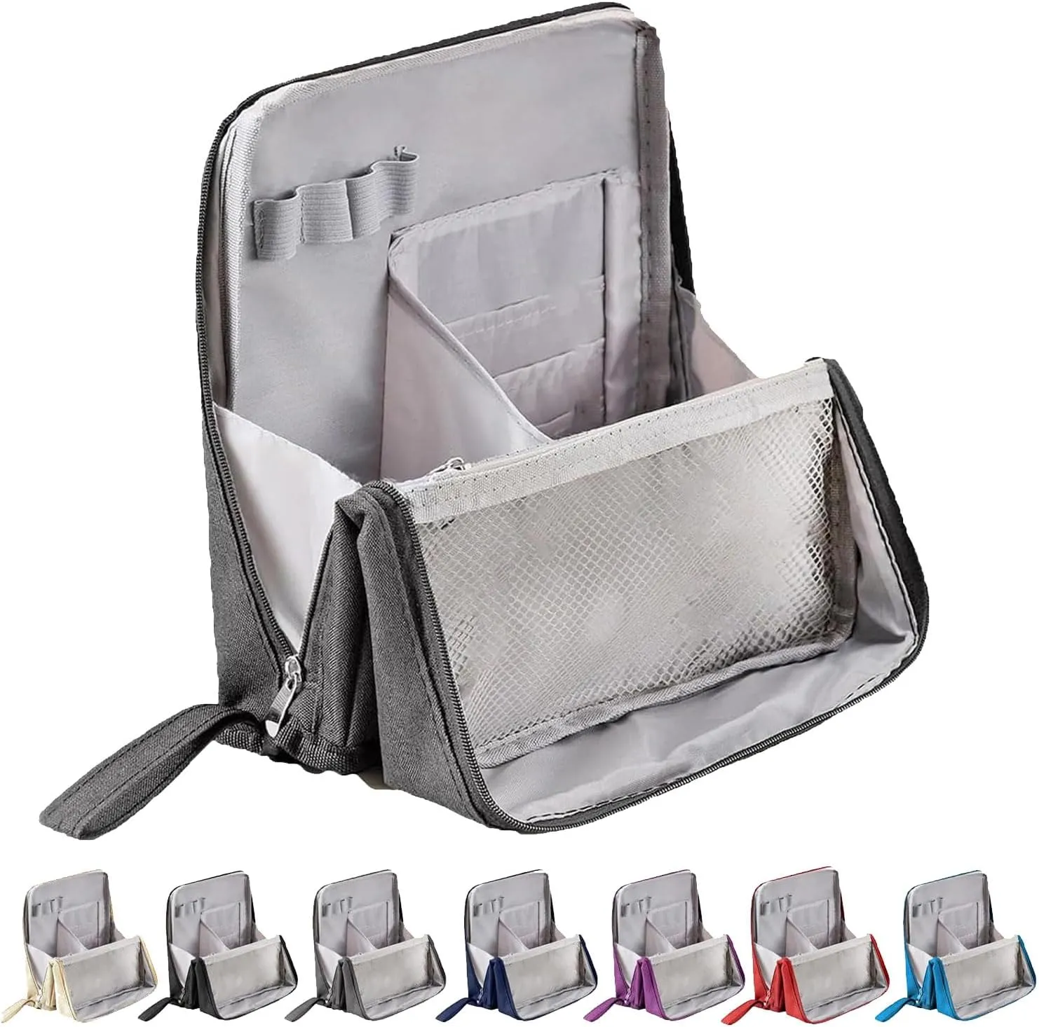 Standing Makeup Bag, 2025 Upgraded Portable Large Capacity Standing Makeup Bag with Compartments, Travel Make-up Organizer with Room for Brushes and Mirrors (Gray)
