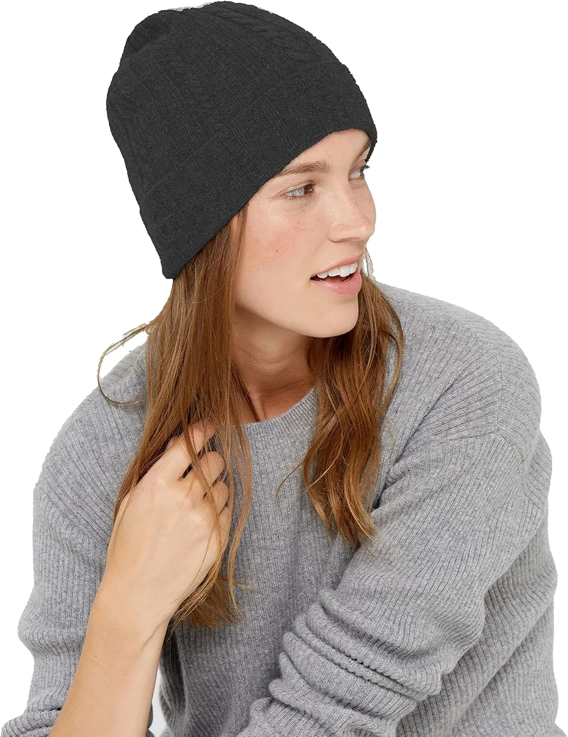 State Cashmere Unisex Cable Knit Cuffed Beanie 100% Pure Cashmere Foldover Hat