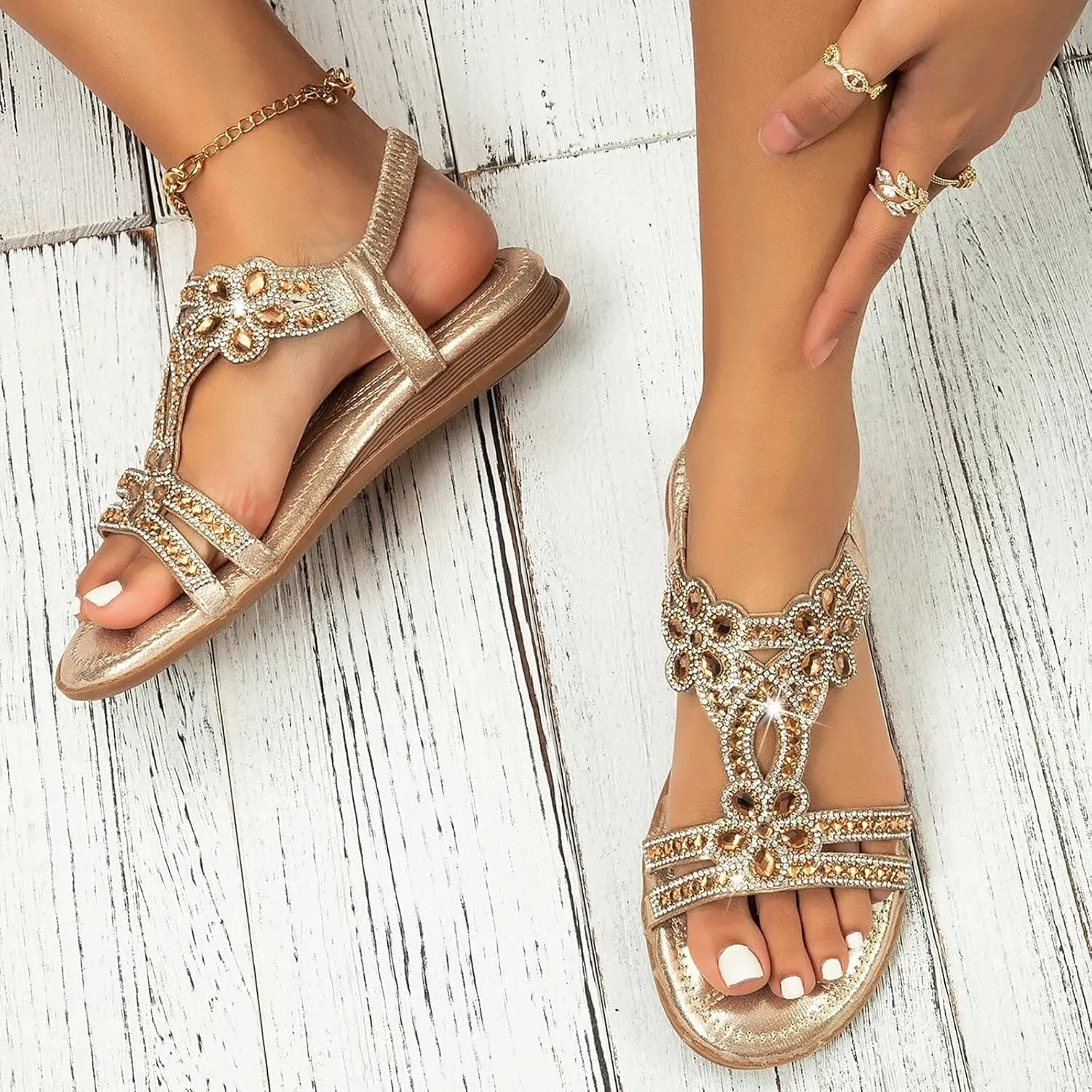 Summer Beach Sandals for Women 2025,Crystal Rhinestone Pearl Flat Sandals for Women Dressy Bling Sparkly Thong Sandals Comfortable T Strap Slip-On Shoes Casual Walking Sandals Strappy Sandals ﻿