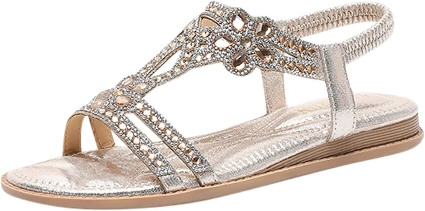 Summer Beach Sandals for Women 2025,Crystal Rhinestone Pearl Flat Sandals for Women Dressy Bling Sparkly Thong Sandals Comfortable T Strap Slip-On Shoes Casual Walking Sandals Strappy Sandals ﻿
