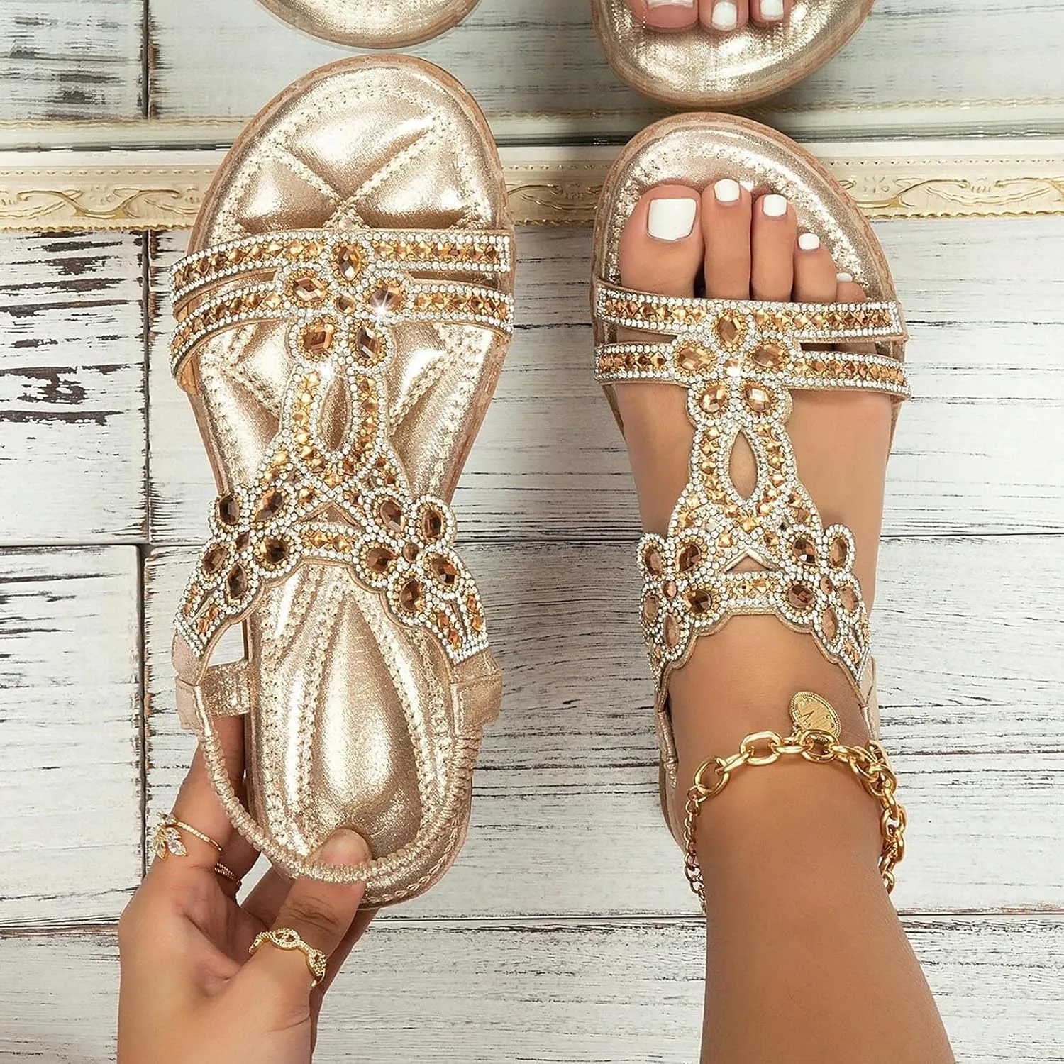 Summer Beach Sandals for Women 2025,Crystal Rhinestone Pearl Flat Sandals for Women Dressy Bling Sparkly Thong Sandals Comfortable T Strap Slip-On Shoes Casual Walking Sandals Strappy Sandals ﻿