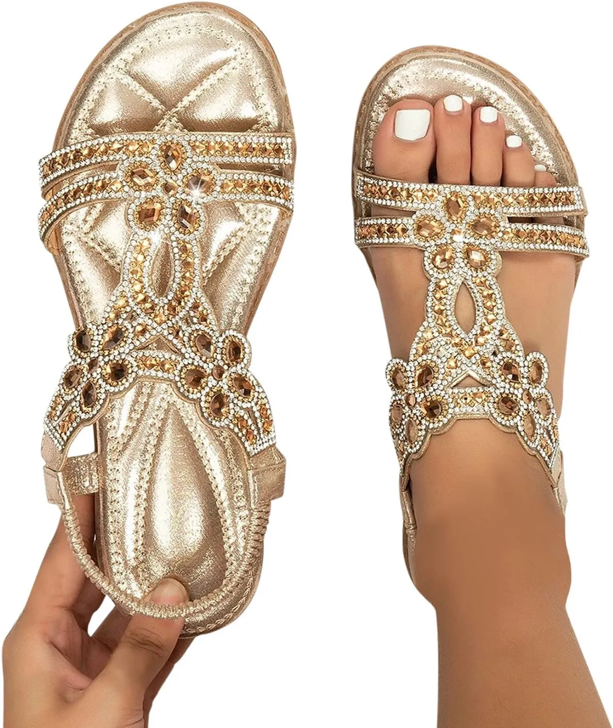 Summer Beach Sandals for Women 2025,Crystal Rhinestone Pearl Flat Sandals for Women Dressy Bling Sparkly Thong Sandals Comfortable T Strap Slip-On Shoes Casual Walking Sandals Strappy Sandals ﻿