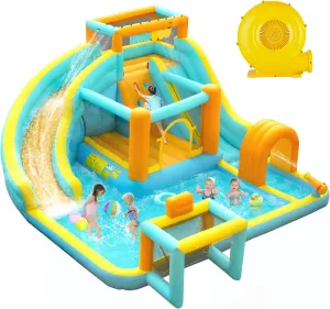 Sunseen Inflatable Water Slide for Kids,Giant Water Slide Combo w/ 2 Long Slides & Large Climbing Wall & Bounce House & Splash Pool,10-in-1 Outdoor Blow Up Water Park w/Storage Bag & 520W Blower