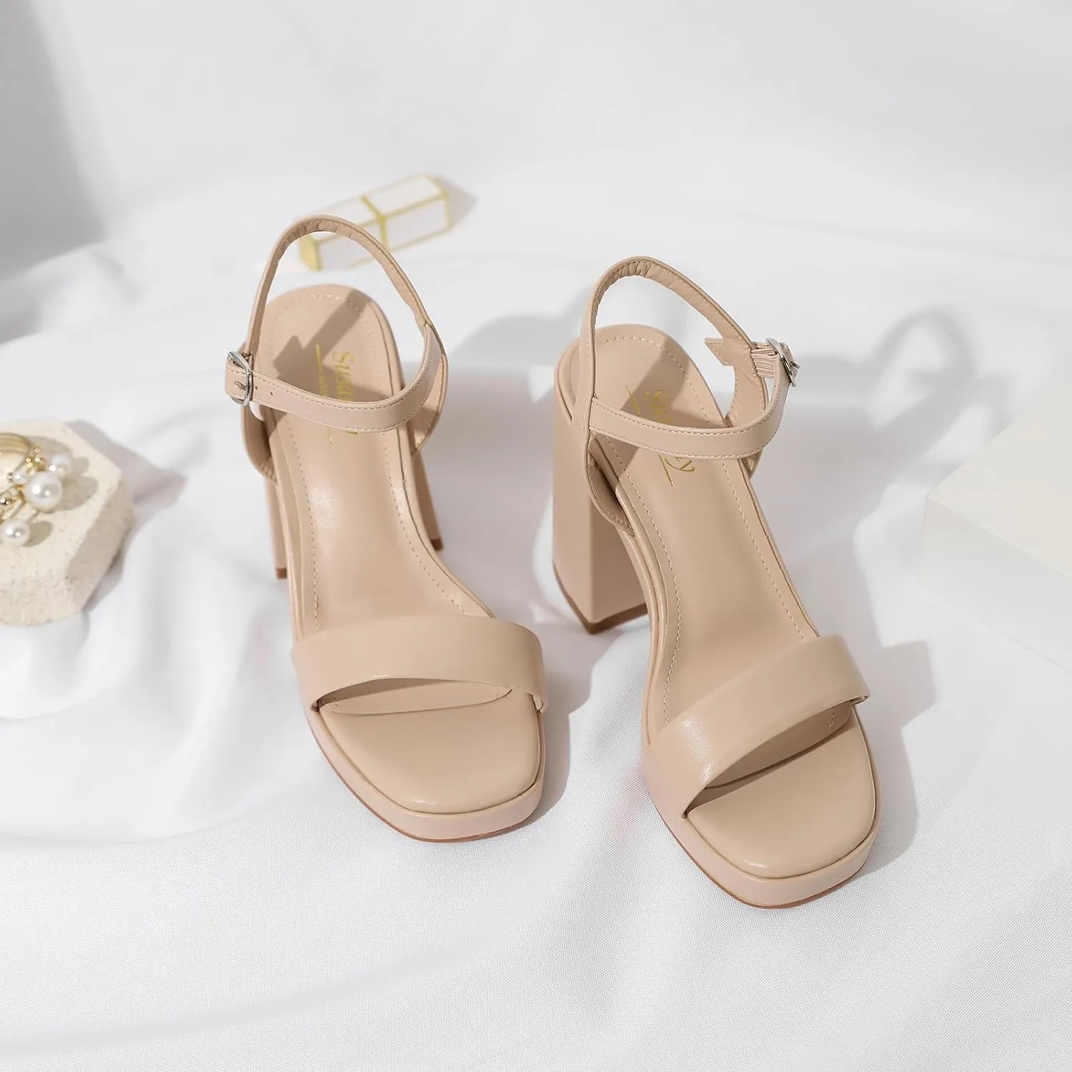 Susanny Heels for Women Platform Chunky High Heels Square toe Sexy Block Heeled Sandals Wedding Party Evening Prom Dance Ankle Strappy Dressy Pump Shoes
