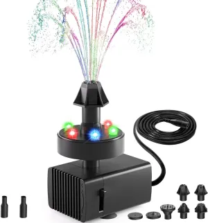 SZMP Bird Bath Fountains, Upgraded 24-Hours Working Bird Bath Fountain Pump with Light & 7 Nozzle, 16.4Ft Power Cord & Adapter, Adjustable Water Pump for Garden, Fish Tank, Outdoor (Colorful)