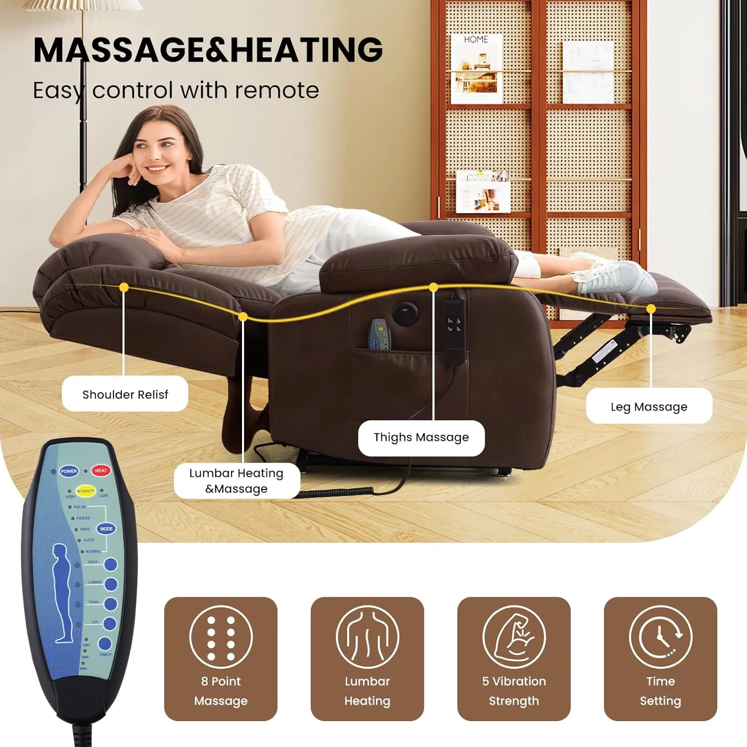 TEKAMON Power Lift Recliner Chair for Elderly with Heat & Massage, Dual Motor Breathable Leather Recliner, Lay Flat Sleeping Chairs with Infinite Position, RemoteControl & USB Ports(Brown)