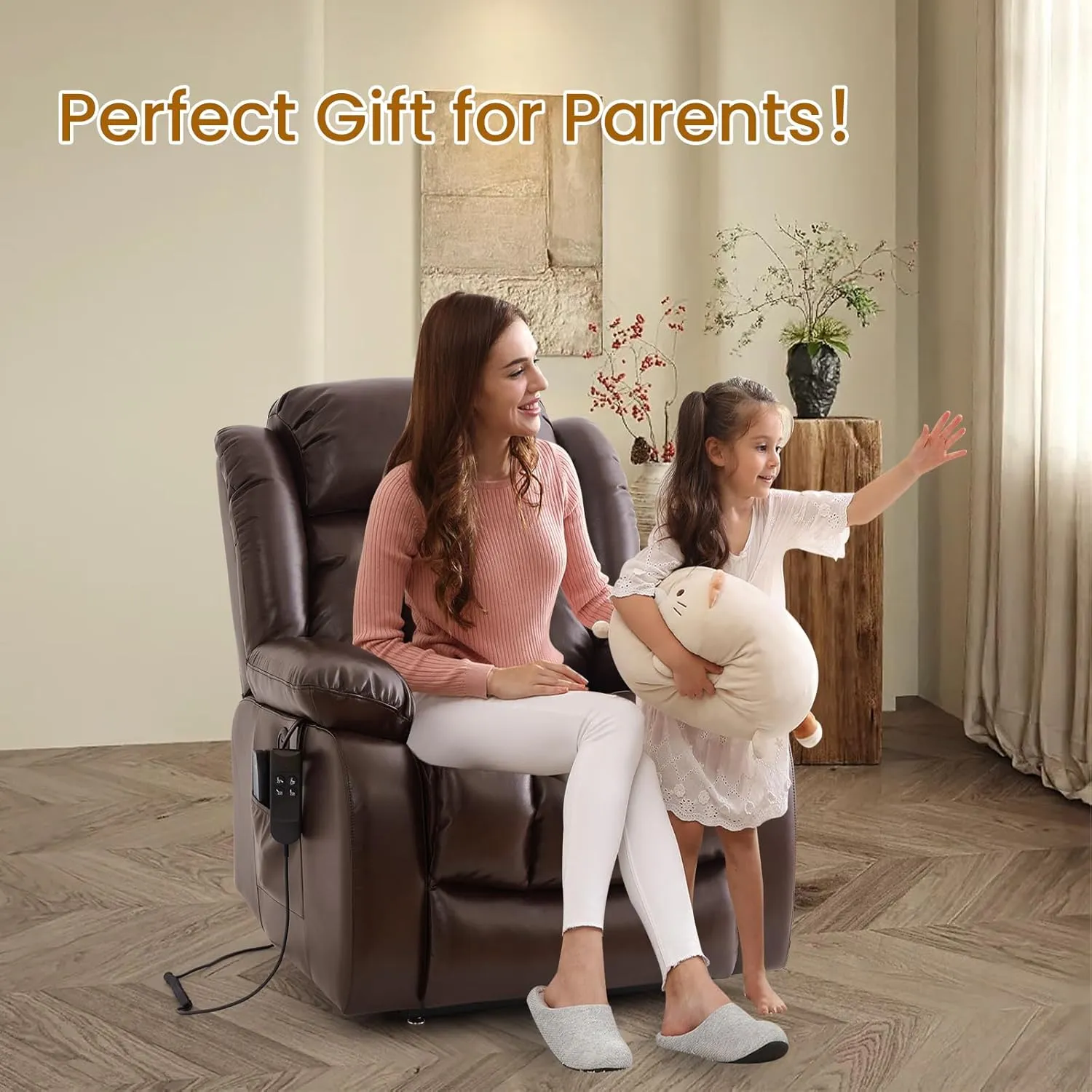 TEKAMON Power Lift Recliner Chair for Elderly with Heat & Massage, Dual Motor Breathable Leather Recliner, Lay Flat Sleeping Chairs with Infinite Position, RemoteControl & USB Ports(Brown)