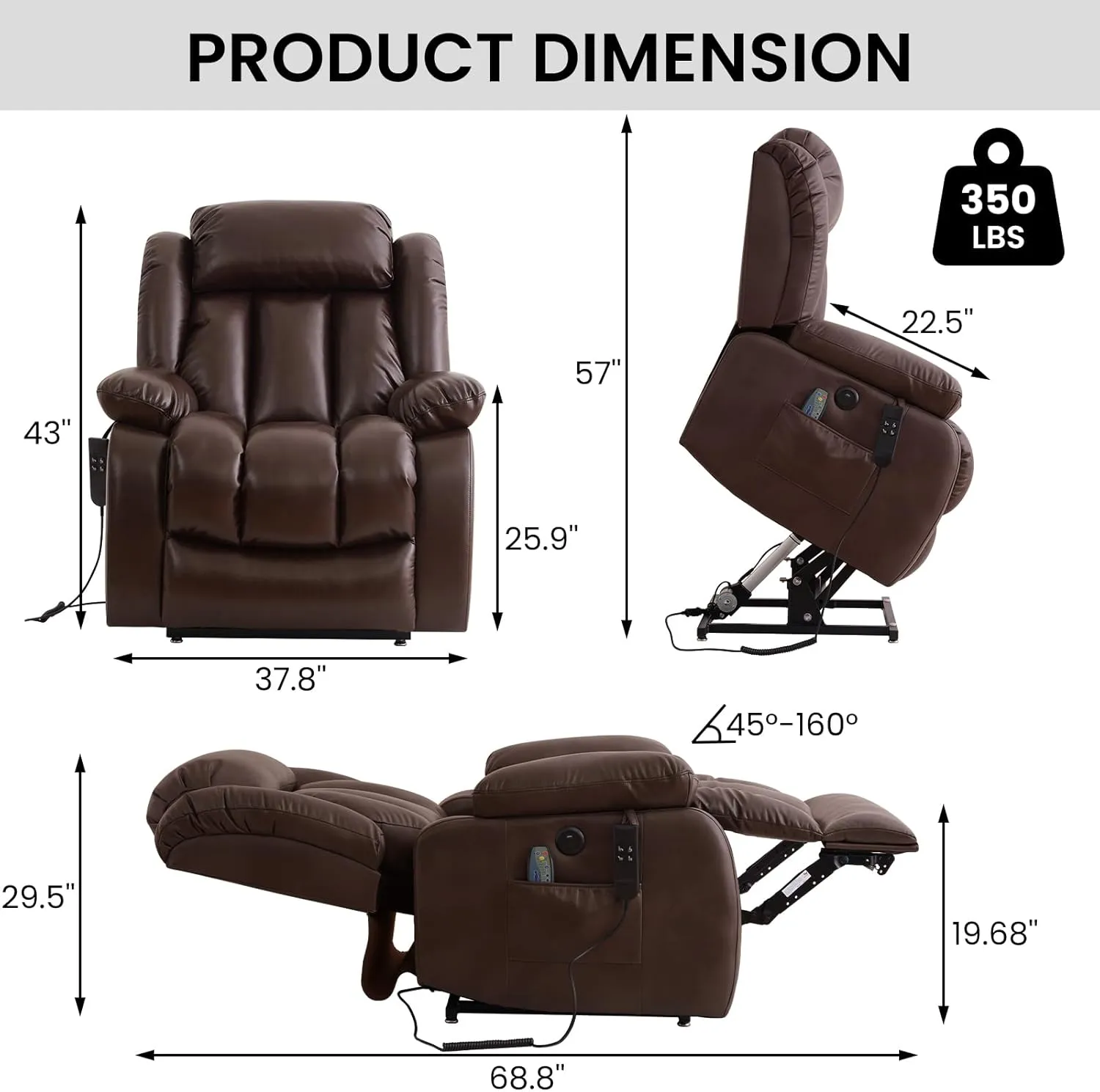 TEKAMON Power Lift Recliner Chair for Elderly with Heat & Massage, Dual Motor Breathable Leather Recliner, Lay Flat Sleeping Chairs with Infinite Position, RemoteControl & USB Ports(Brown)