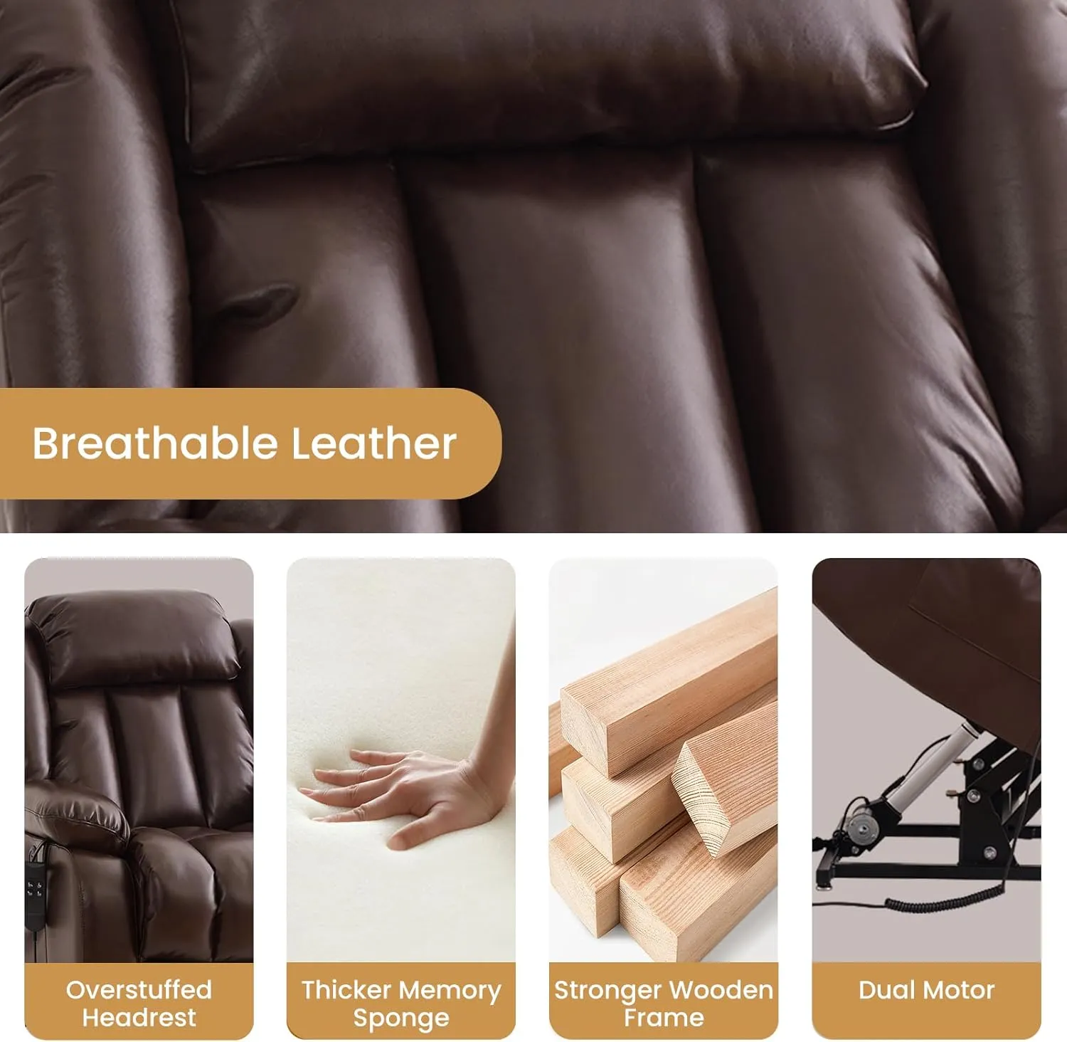 TEKAMON Power Lift Recliner Chair for Elderly with Heat & Massage, Dual Motor Breathable Leather Recliner, Lay Flat Sleeping Chairs with Infinite Position, RemoteControl & USB Ports(Brown)