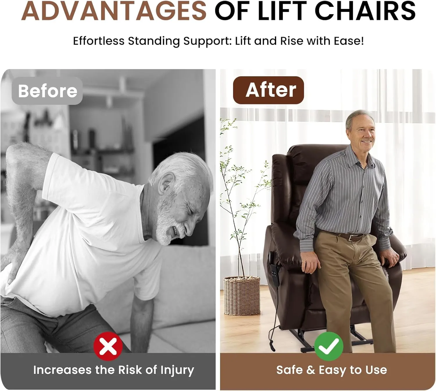 TEKAMON Power Lift Recliner Chair for Elderly with Heat & Massage, Dual Motor Breathable Leather Recliner, Lay Flat Sleeping Chairs with Infinite Position, RemoteControl & USB Ports(Brown)