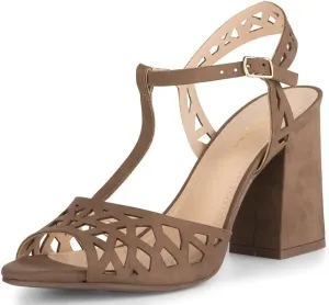 Tessa Heeled Sandals Truffle Suede Open Toe Block Heel Laser-Cut Pump