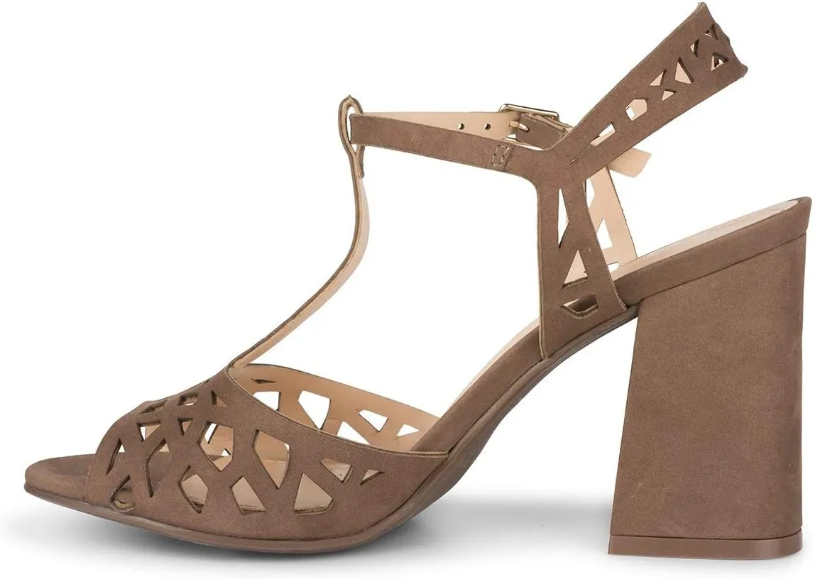 Tessa Heeled Sandals Truffle Suede Open Toe Block Heel Laser-Cut Pump
