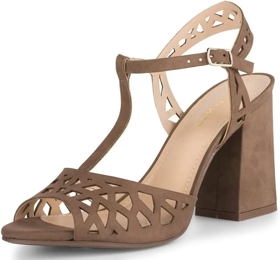Tessa Heeled Sandals Truffle Suede Open Toe Block Heel Laser-Cut Pump