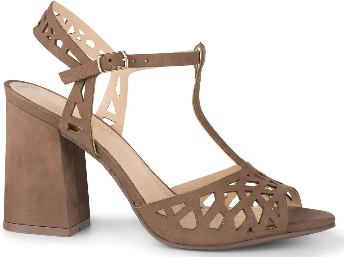 Tessa Heeled Sandals Truffle Suede Open Toe Block Heel Laser-Cut Pump