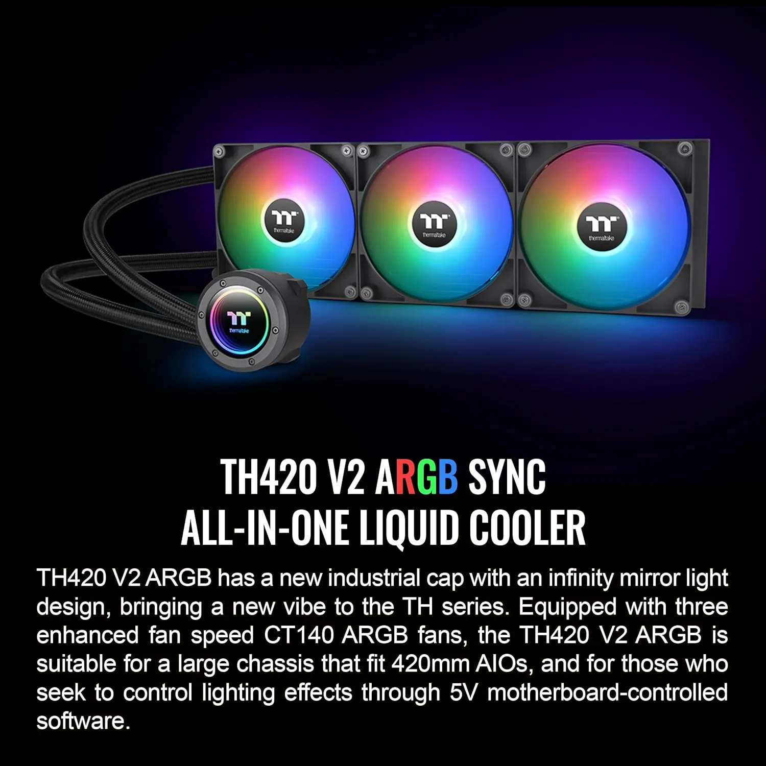 Thermaltake TH420 ARGB Sync V2 CPU Liquid Cooler/AlO Liquid Cooling/Fan 140mm*3/PWM 500~2000 RPM/Mirror Waterblock/MB ARGB Sync Control, CL-W376-PL14SW-A , Black