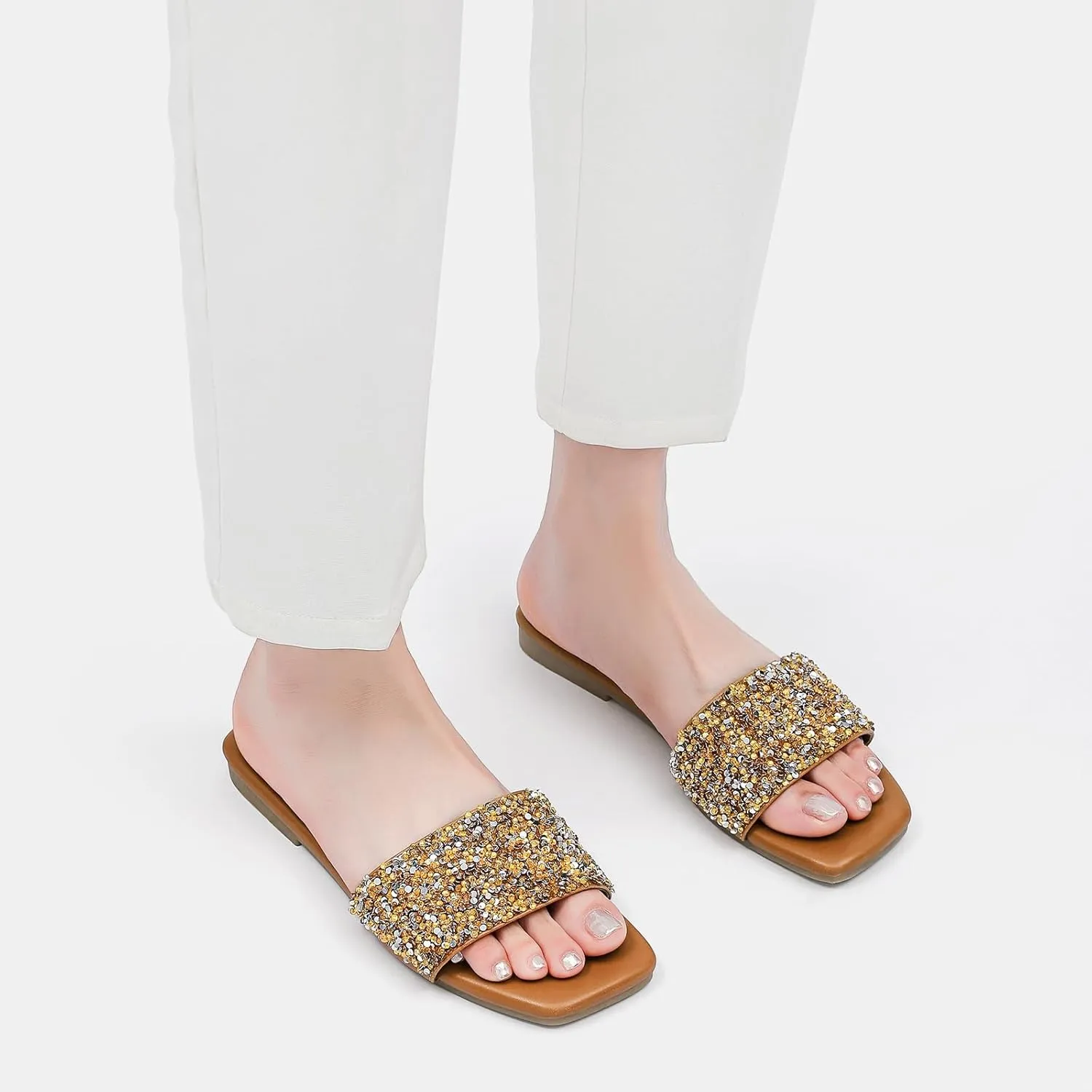 Tilocow Women Rhinestone Decor Flat Sandals Square Toe Fashion Glitter Bling Slides With Soft Summer Slippers