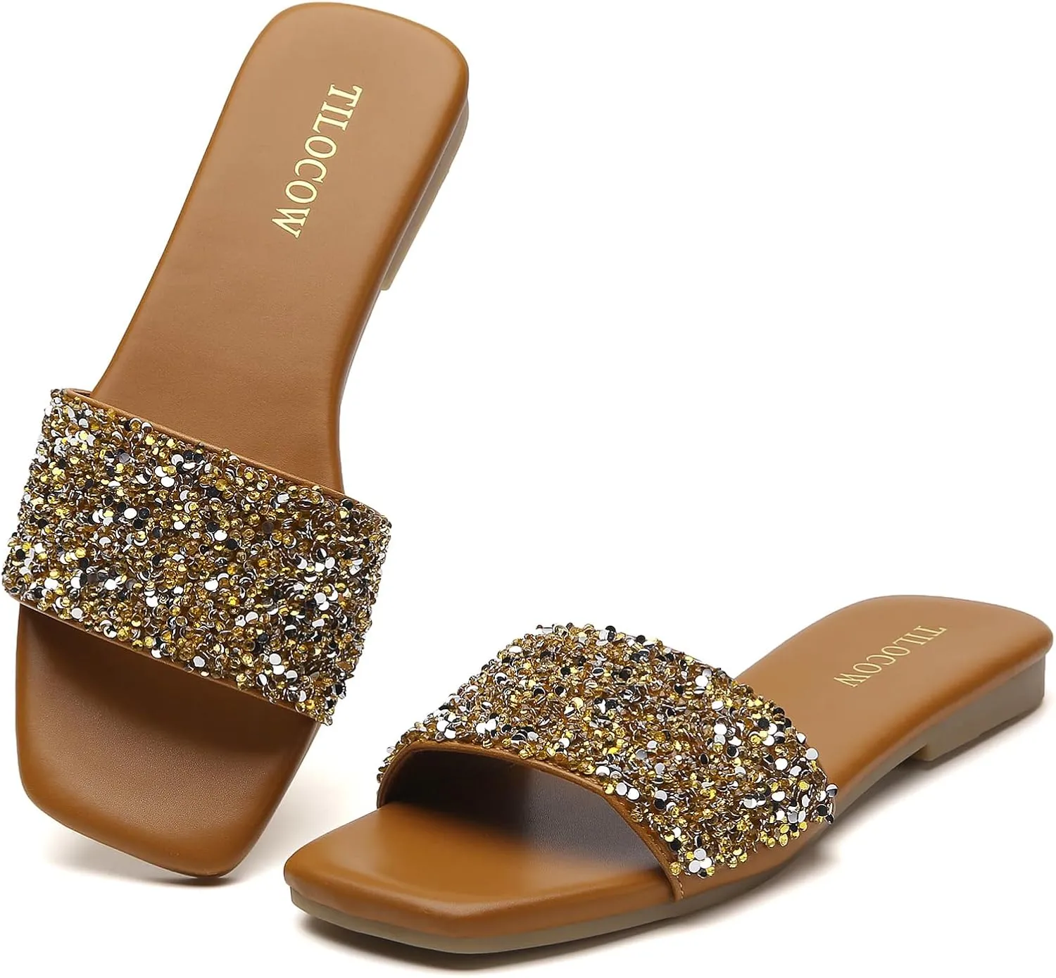 Tilocow Women Rhinestone Decor Flat Sandals Square Toe Fashion Glitter Bling Slides With Soft Summer Slippers