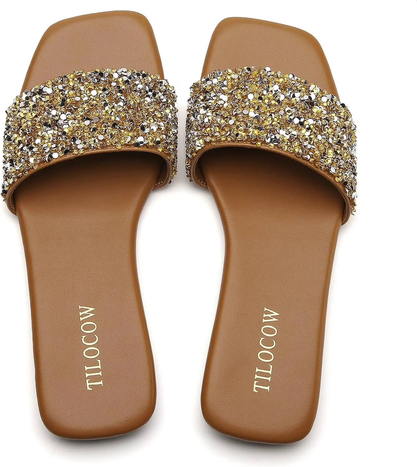 Tilocow Women Rhinestone Decor Flat Sandals Square Toe Fashion Glitter Bling Slides With Soft Summer Slippers