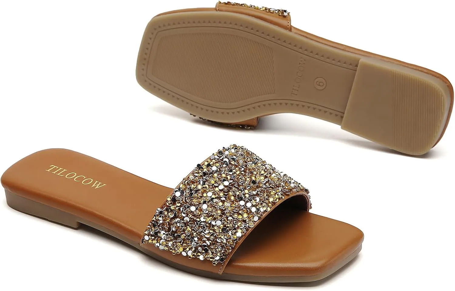 Tilocow Women Rhinestone Decor Flat Sandals Square Toe Fashion Glitter Bling Slides With Soft Summer Slippers