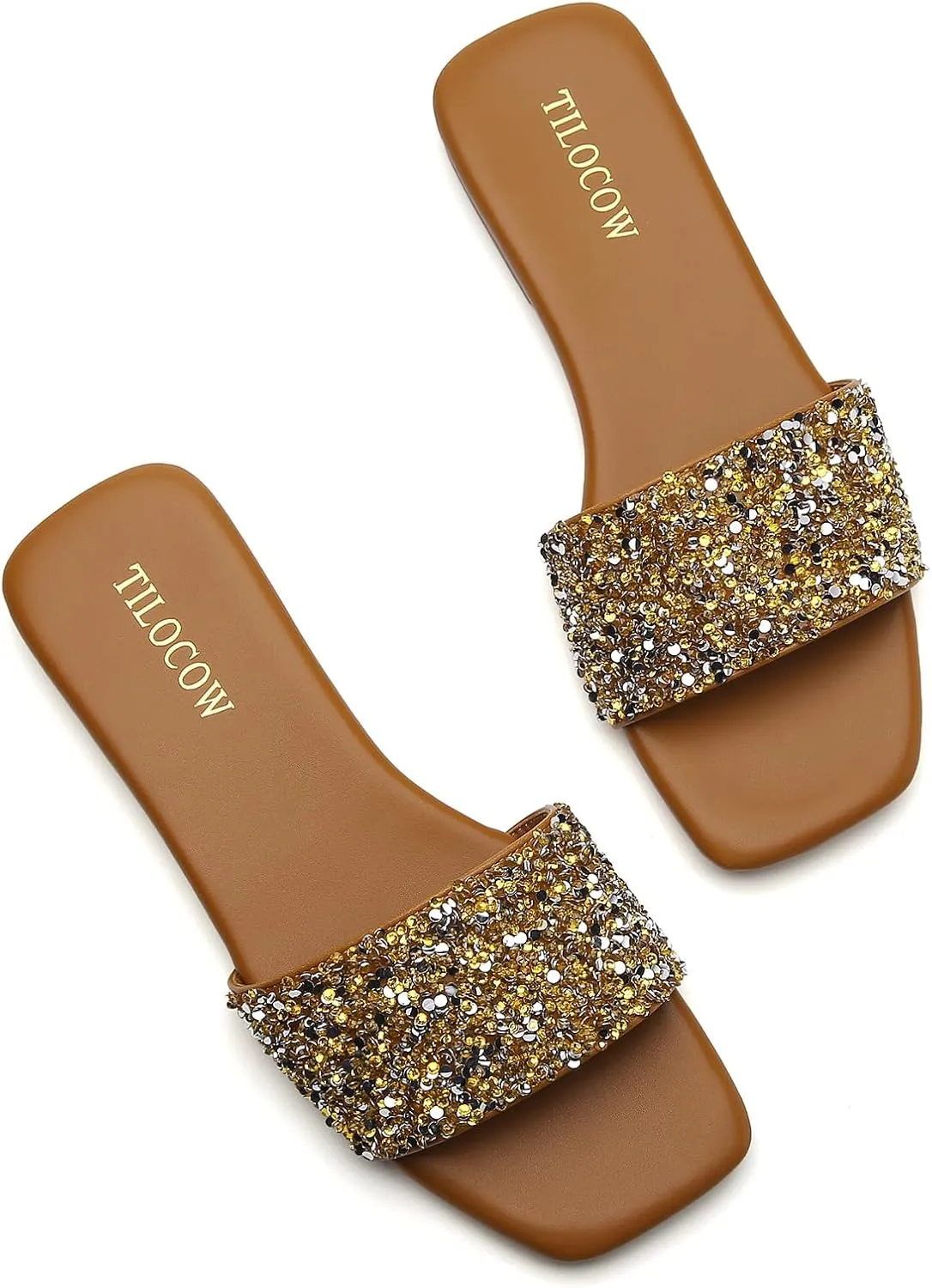 Tilocow Women Rhinestone Decor Flat Sandals Square Toe Fashion Glitter Bling Slides With Soft Summer Slippers