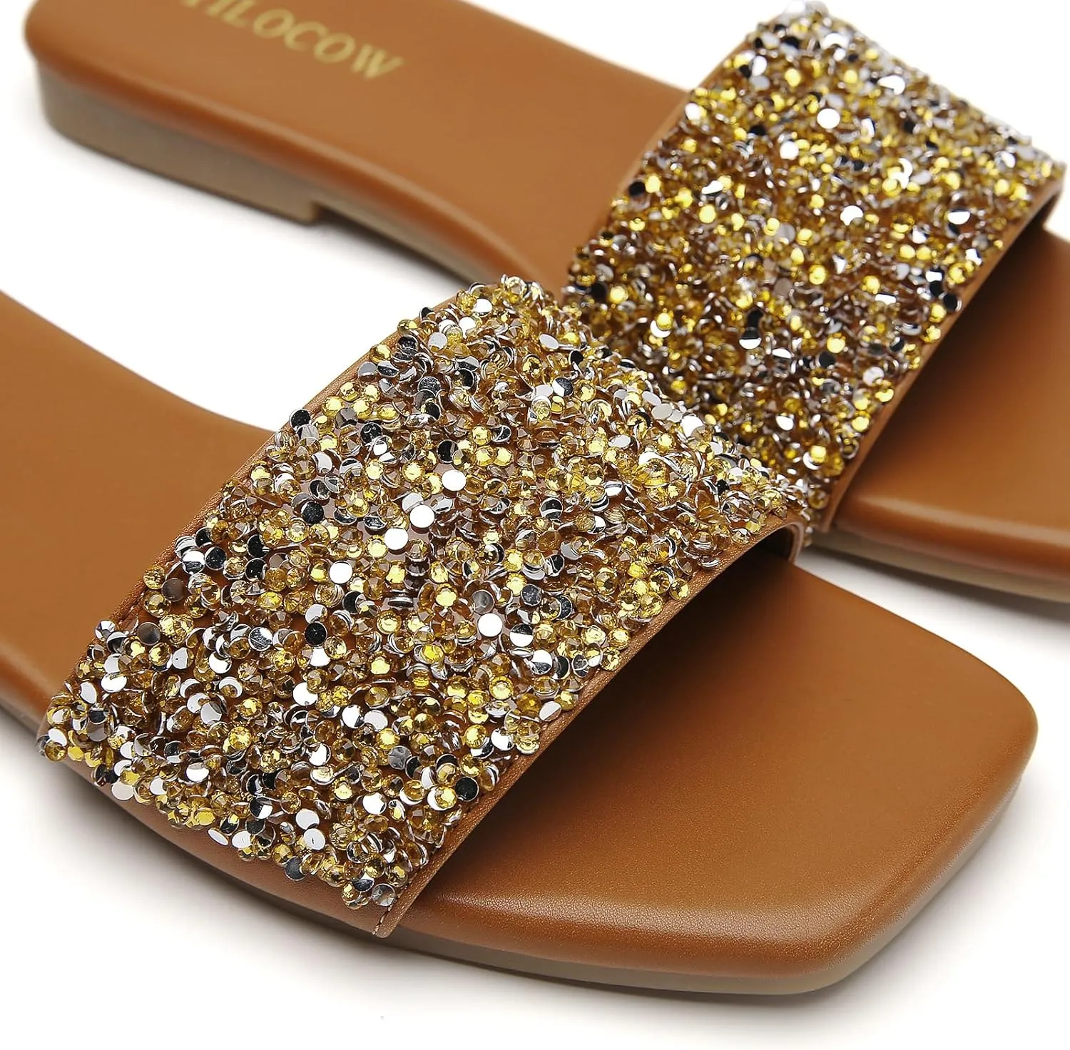 Tilocow Women Rhinestone Decor Flat Sandals Square Toe Fashion Glitter Bling Slides With Soft Summer Slippers