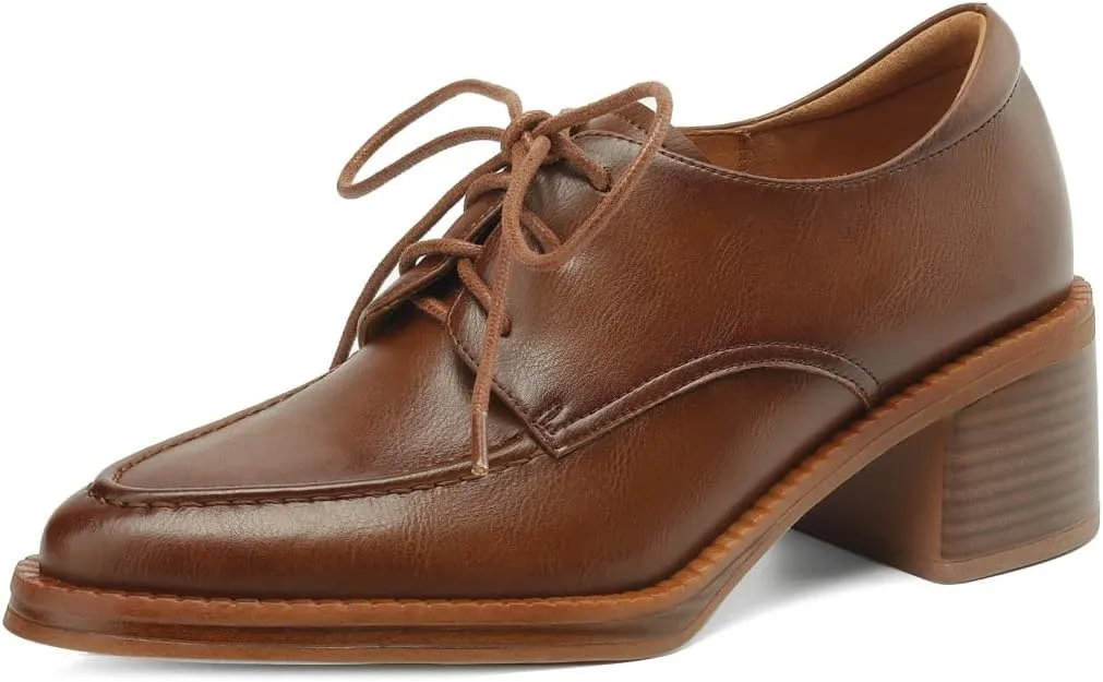 TinaCus Genuine Leather Women's Pointed Toe Handmade Selftie Chunky Heels Trendy Oxford Shoes