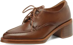 TinaCus Genuine Leather Women's Pointed Toe Handmade Selftie Chunky Heels Trendy Oxford Shoes