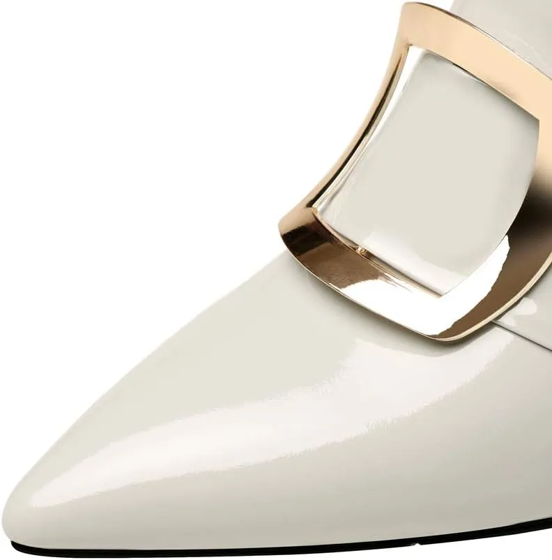 TinaCus Glossy Patent Leather Women's Handmade Pointed Toe Spool Heel Golden Square Pattern Decor Slip On Loafer Pumps