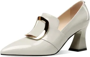 TinaCus Glossy Patent Leather Women's Handmade Pointed Toe Spool Heel Golden Square Pattern Decor Slip On Loafer Pumps