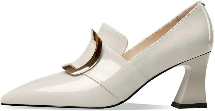 TinaCus Glossy Patent Leather Women's Handmade Pointed Toe Spool Heel Golden Square Pattern Decor Slip On Loafer Pumps