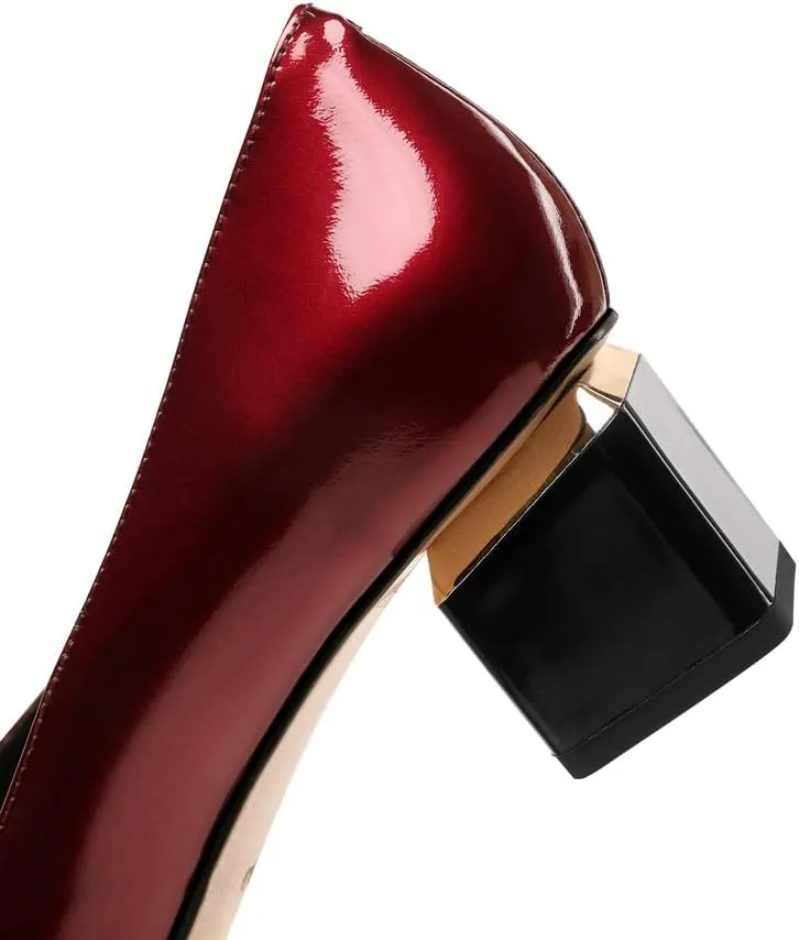 TinaCus Women's Glossy Patent Leather Handmade Clear Pointed Toe Low Block Heel Slip On Pump Shoes with Trendy Square Pattern