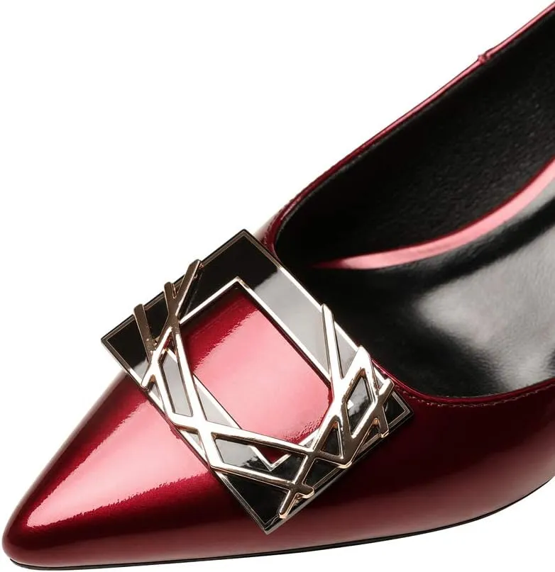 TinaCus Women's Glossy Patent Leather Handmade Clear Pointed Toe Low Block Heel Slip On Pump Shoes with Trendy Square Pattern