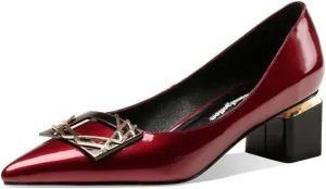 TinaCus Women's Glossy Patent Leather Handmade Clear Pointed Toe Low Block Heel Slip On Pump Shoes with Trendy Square Pattern