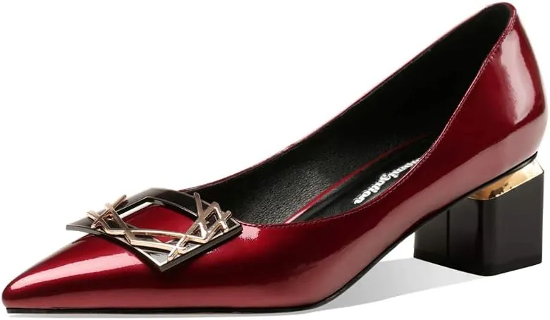 TinaCus Women's Glossy Patent Leather Handmade Clear Pointed Toe Low Block Heel Slip On Pump Shoes with Trendy Square Pattern