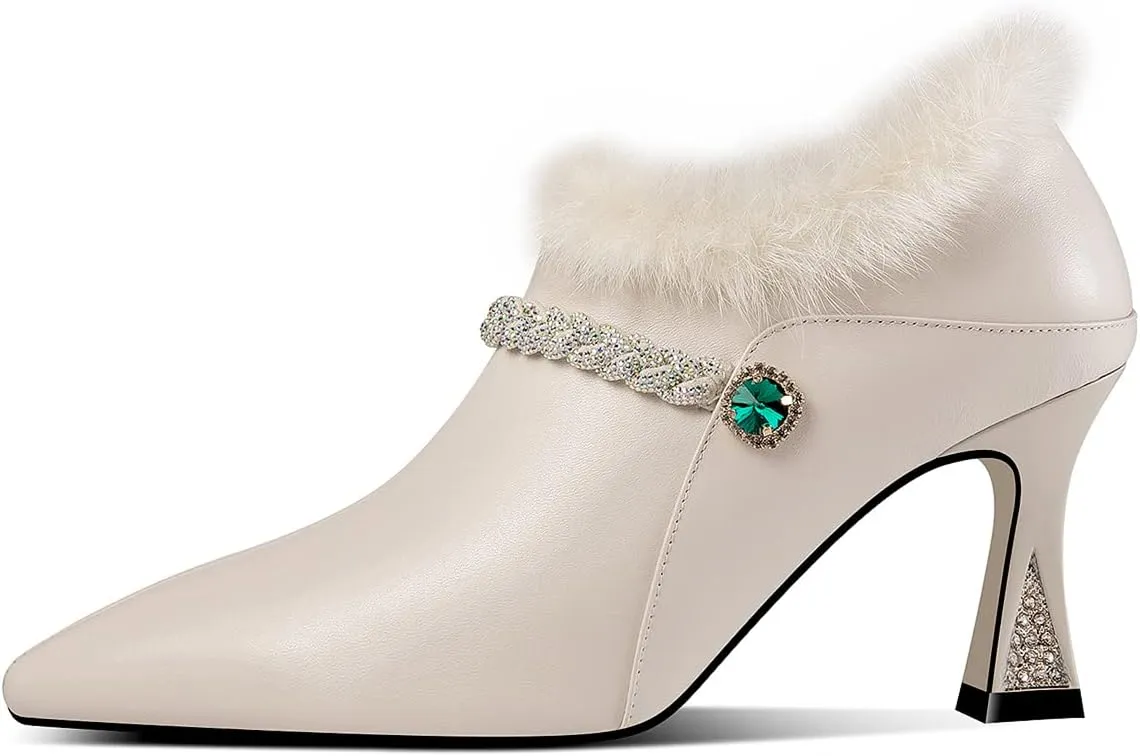 TinaCus Women's Handmade Genuine Leather and Fur Side Zip Up High Heel Pointed Toe Oxford Pumps with Green Crystal Decor